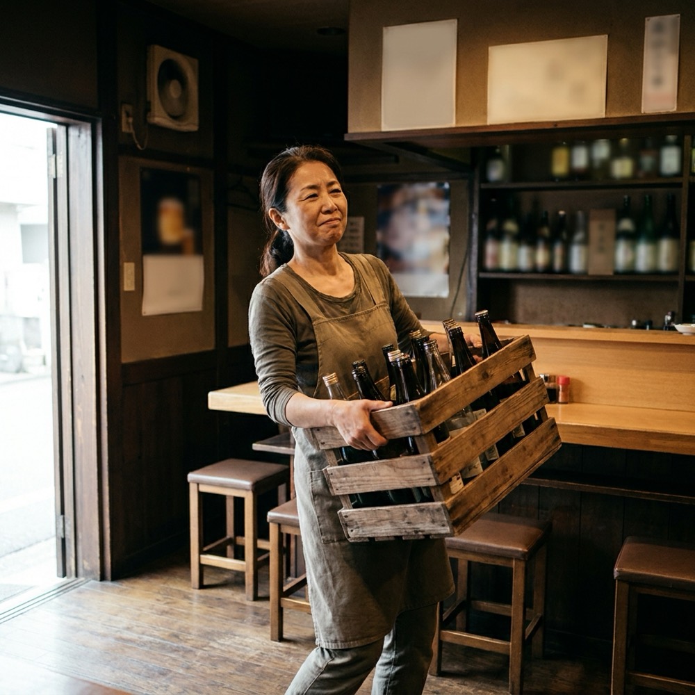 一人で開店準備をする様子