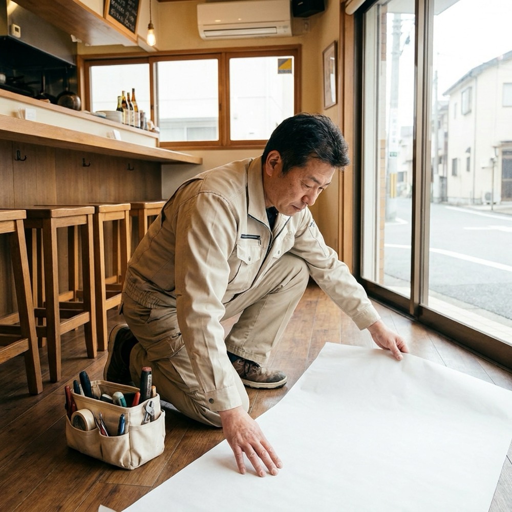 養生を丁寧に敷く職人